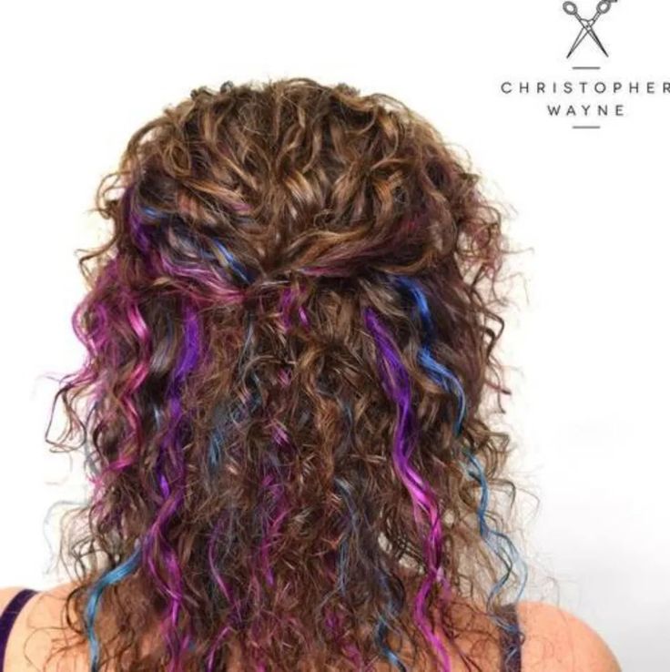 Blue And Purple Highlights, Brown Hair With Blue, Highlights Brown Hair Short, Blue Brown Hair, Mid Length Curly Hairstyles, Ombre Curly Hair, Curly Brown Hair, Highlights Curly Hair, Color Streaks