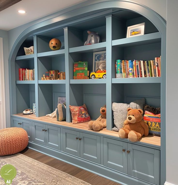 a blue bookcase with stuffed animals and books on it's shelves in a child's room