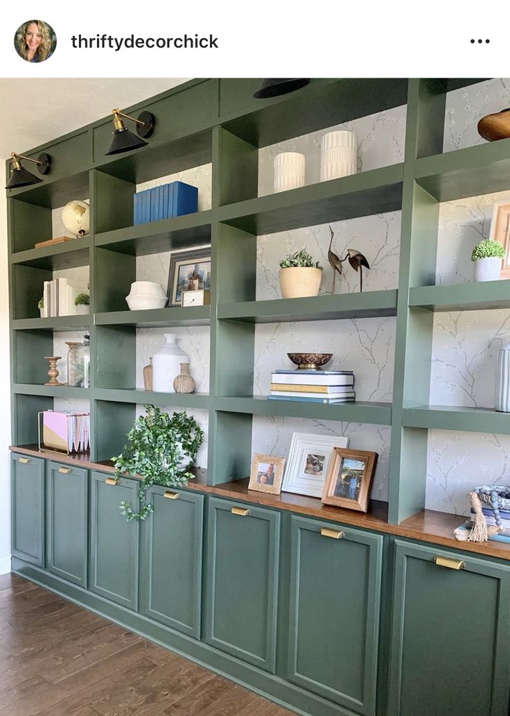 a room with green bookcases filled with books and plants on top of them