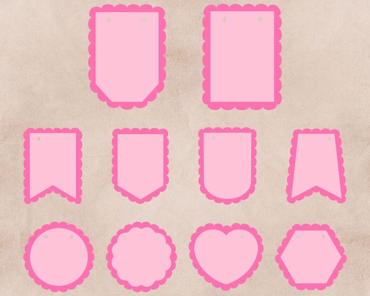 pink scalloped frames and labels on a beige paper textured with light brown background