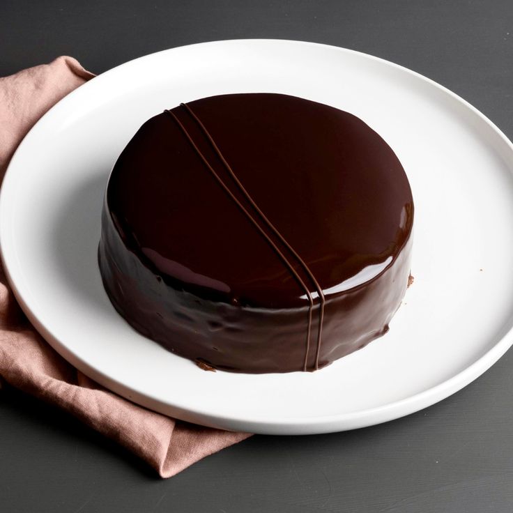 a chocolate cake sitting on top of a white plate