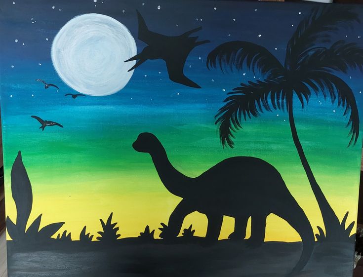 a painting of a dinosaur in the night with palm trees and birds flying around it