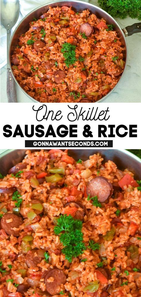 one skillet sausage and rice in a pan with broccoli on the side