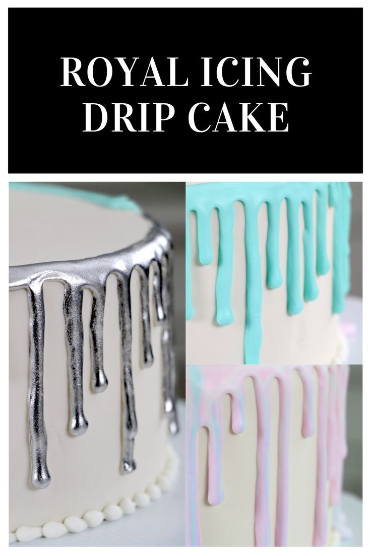 a cake with icing dripping from it and the words royal icing drip cake