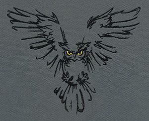 an owl with yellow eyes sitting on top of a gray surface in front of a black background