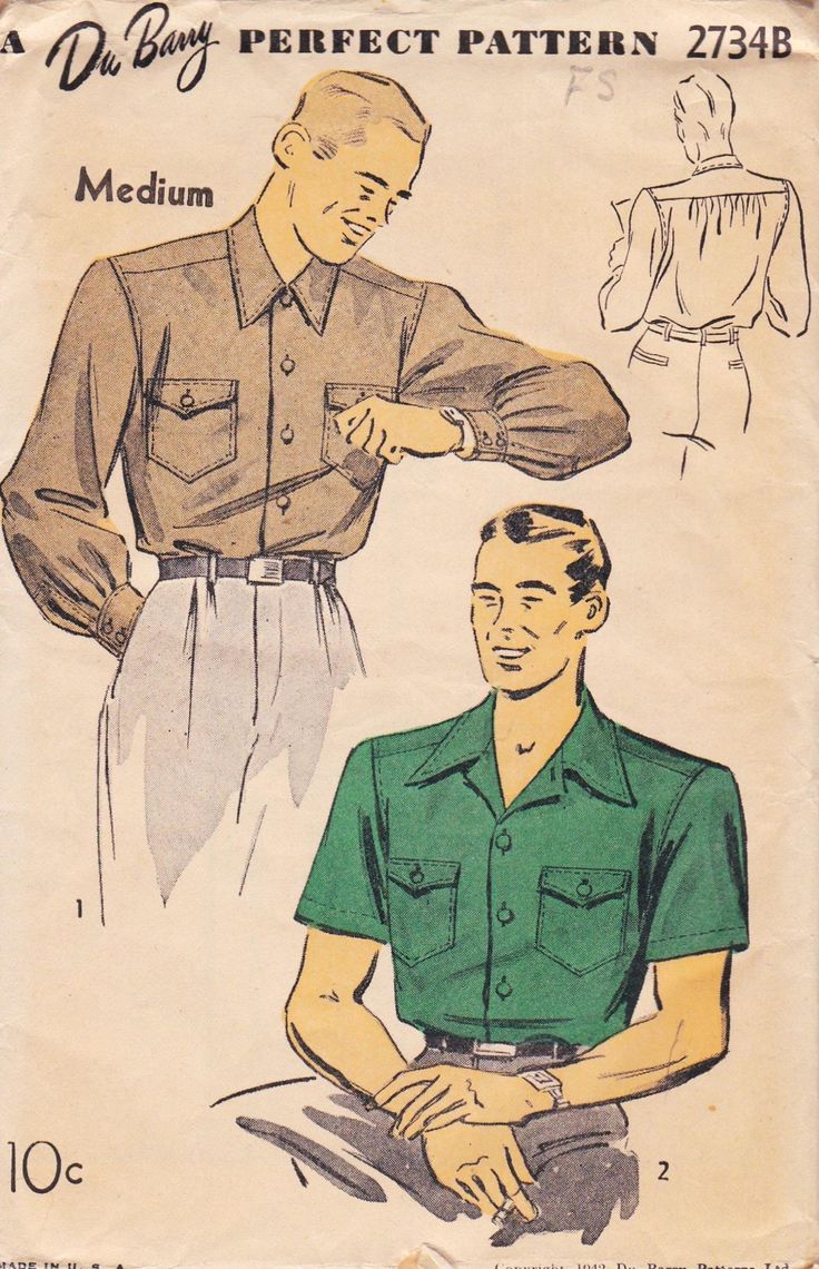 This vintage Dubarry sewing pattern was designed in 1942. It makes a shirt with a convertible collar, button tab pockets and sleeve length variations. Size Medium: Neck 15 to 15 1/2   ---   Sleeve Length 35. It is an unprinted pattern that is unused and still in factory folds. The instructions are included. The envelope is in good vintage condition. To see more sewing patterns for men: https://www.etsy.com/shop/studioGpatterns?section_id=18365317 To visit my shop: https://www.etsy.com/shop/studioGpatterns Mens 40s Fashion, 40s Men Fashion, Vintage Poses, Sewing Pattern For Men, Coffee Graphics, 1940s Mens Fashion, 1950s Mens Fashion, Decades Of Fashion, 1950s Mens