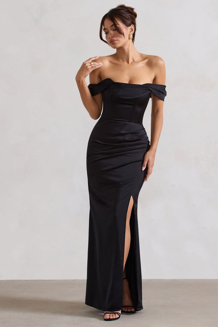 Bring the glamour to any special occasion in our black Kimberly maxi dress. Boasting a contouring corset, draped short sleeves and a bardot neckline, this dress is sure to make a statement and leave other guests envious. Carefully crafted in weighted satin and complete with a floor-sweeping fishtail skirt, Kimberly is the must-have maxi for weddings, birthdays and black tie events. Features - Premium satin fabric- Bardot neckline- Off-shoulder sleeves- Structured corset- Invisible zip closure - Structured Corset, Black Tie Events, Bardot Neckline, Black Dress Prom, Fishtail Skirt, Black Tie Gala, Party Dress Long Sleeve, Skirt Maxi, Bridesmaid Outfit