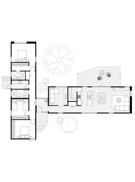 the floor plan for this modern house shows two levels and three rooms, with one living room