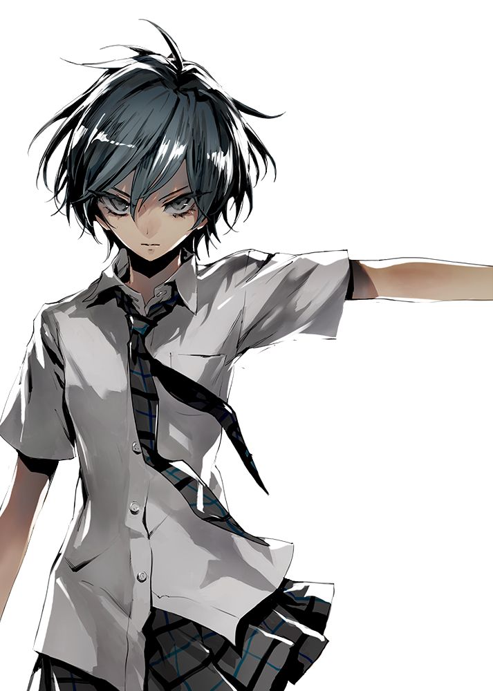 an anime character with black hair and white shirt holding his arms out to the side