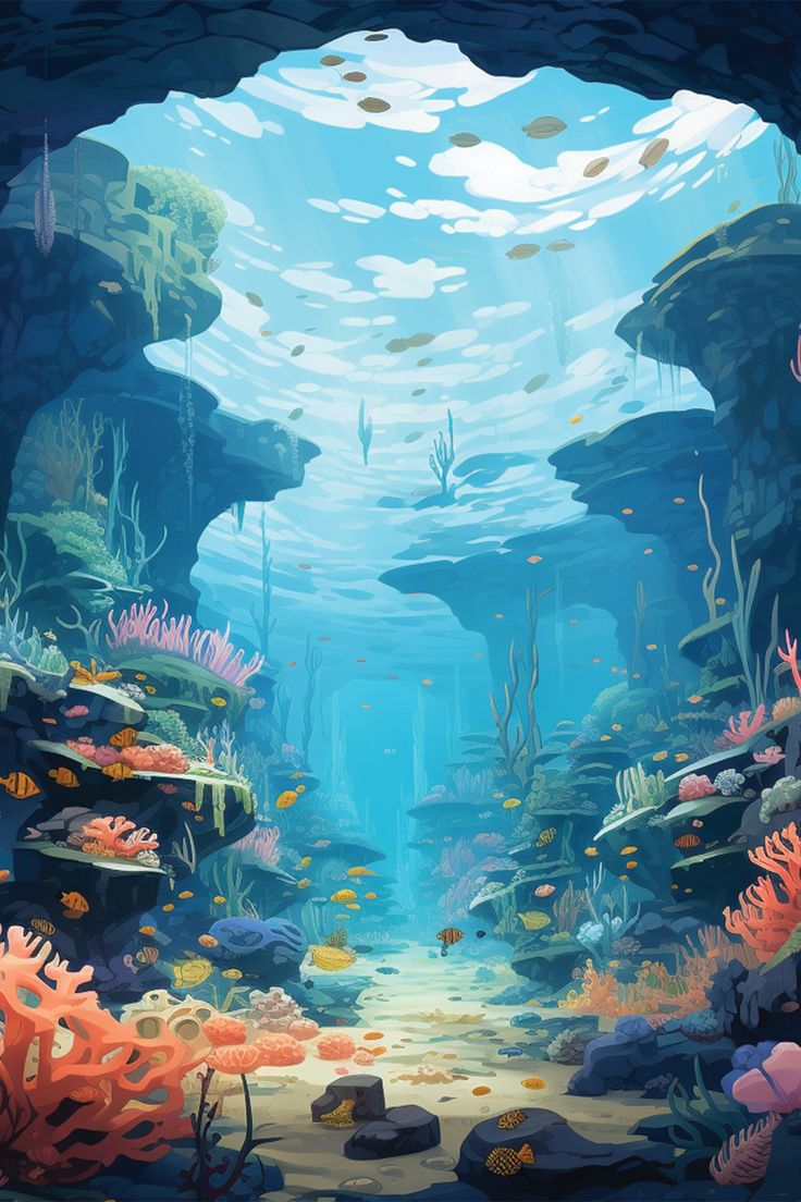 Underwater scene, crystal clear water, beautiful, coral reef, salt water fish, caustics, cliffs, cave, orange, pink, yellow, green, Summer aesthetic, beach vibes, pool vibes Sea Illustration, Underwater Scene, Aesthetic Print, Print Illustration, Wallpaper Art, Beautiful Summer, Marine Life, Summer Aesthetic, Under The Sea