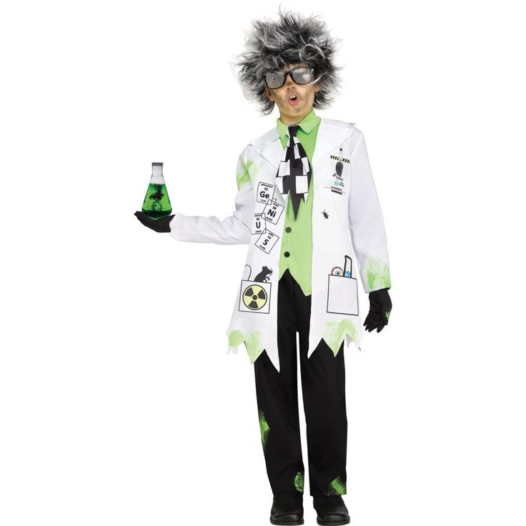 a man dressed up as a mad scientist holding a green bottle and wearing a black tie