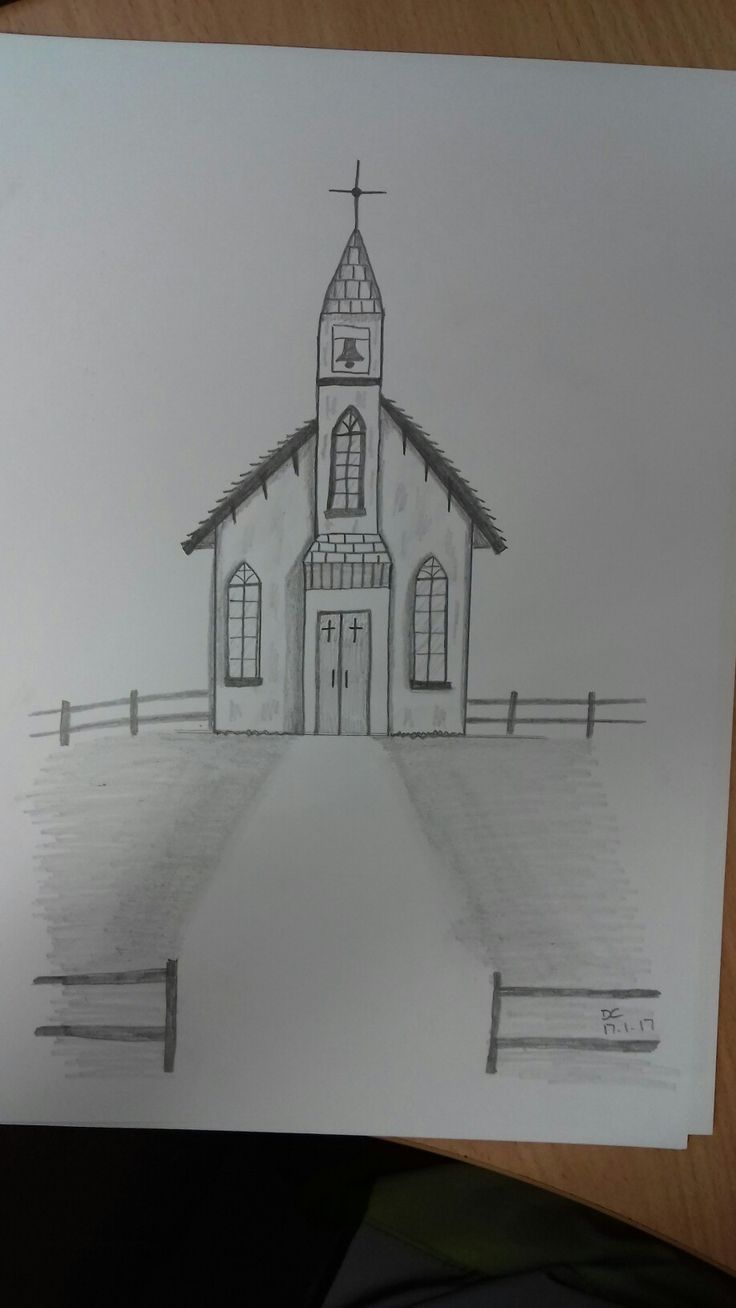 a drawing of a church with a fence around it