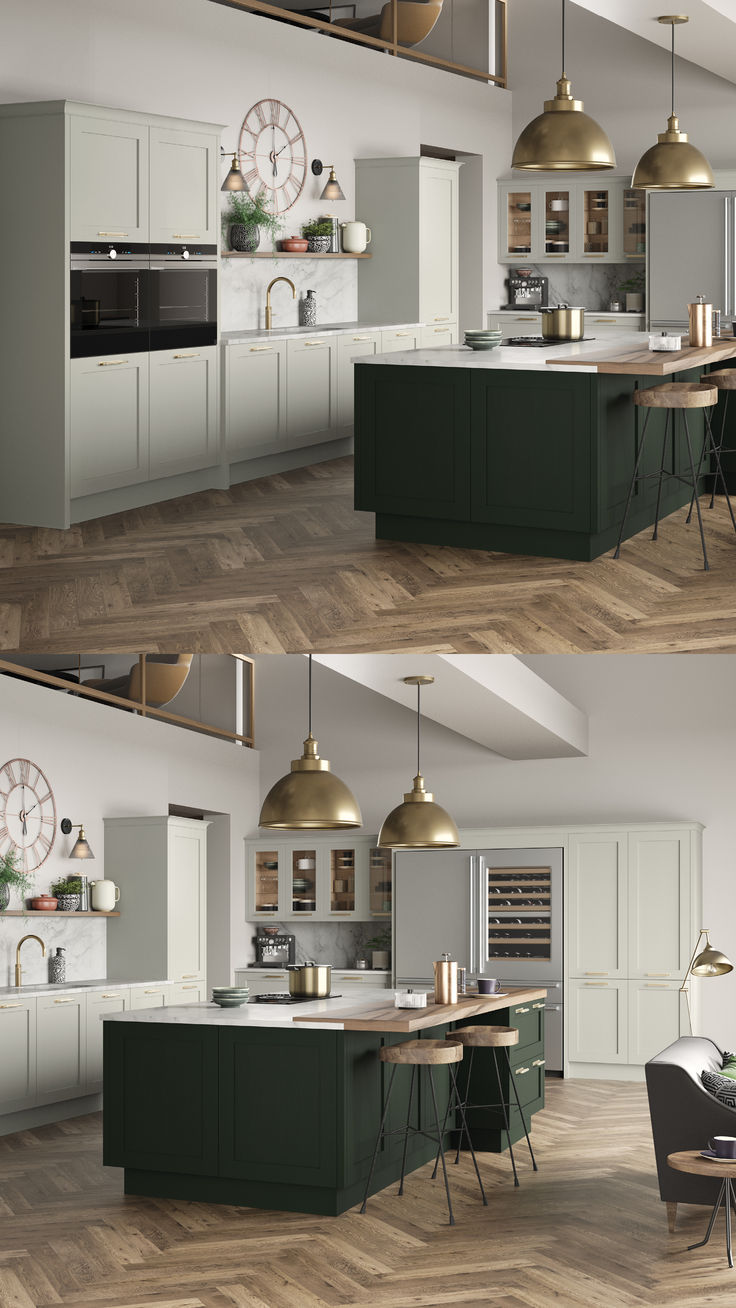 three pictures of the same kitchen and dining room in different stages of being photographed together