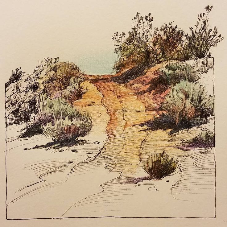 a drawing of a dirt road in the desert