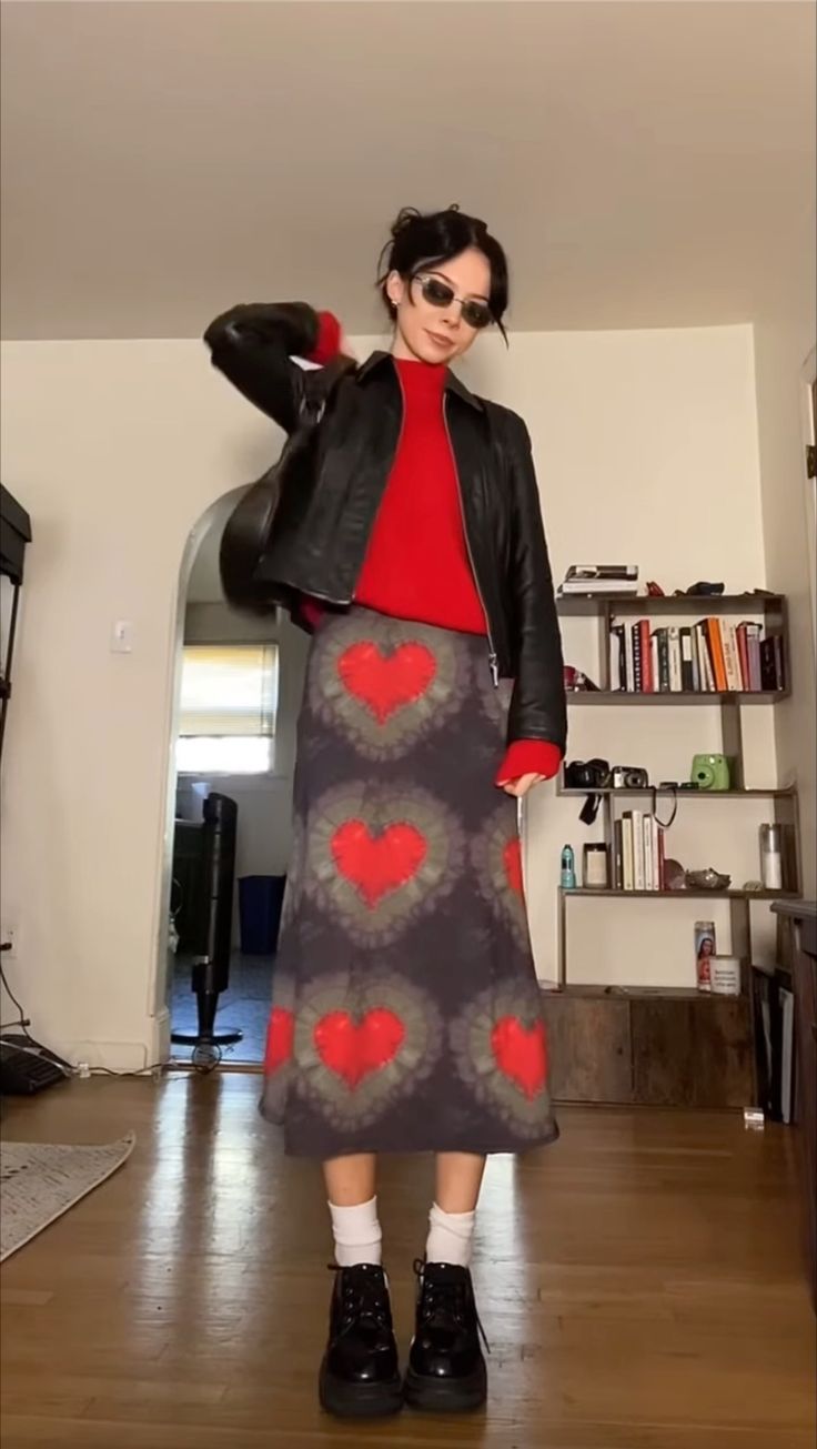 maxi skirt, midi skirt, leather jacket, red sweater, red turtleneck, turtleneck, leather jacket Midi Skirt 90s Outfit, Red Indie Outfit, Red Outfit Color Combinations, Short Skirt With Stockings Outfit, Vintage Layered Outfits, Red Black Outfit Ideas, Aesthetic Winter Outfits Vintage, Black Midi Skirt Outfit Aesthetic, Indie Office Outfit