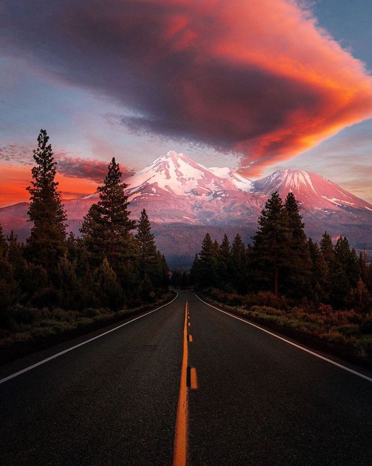 the road is lined with trees and has a mountain in the background at sunset or dawn