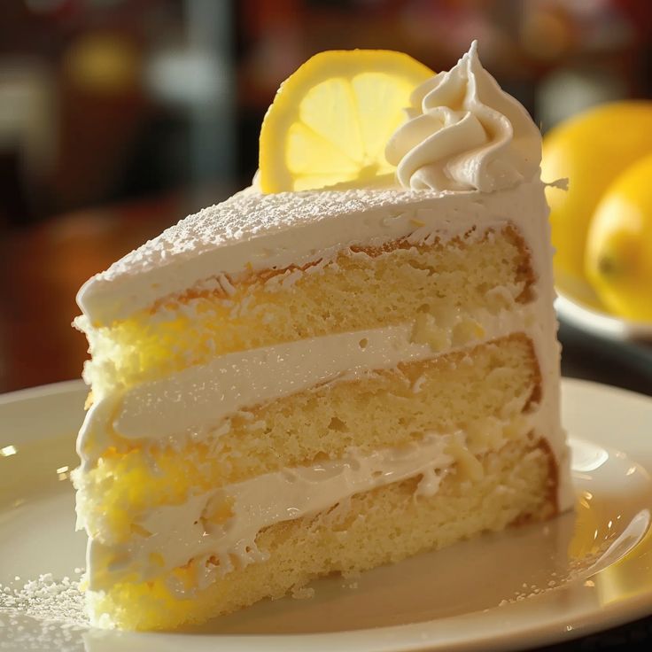 a slice of cake with white frosting and lemons