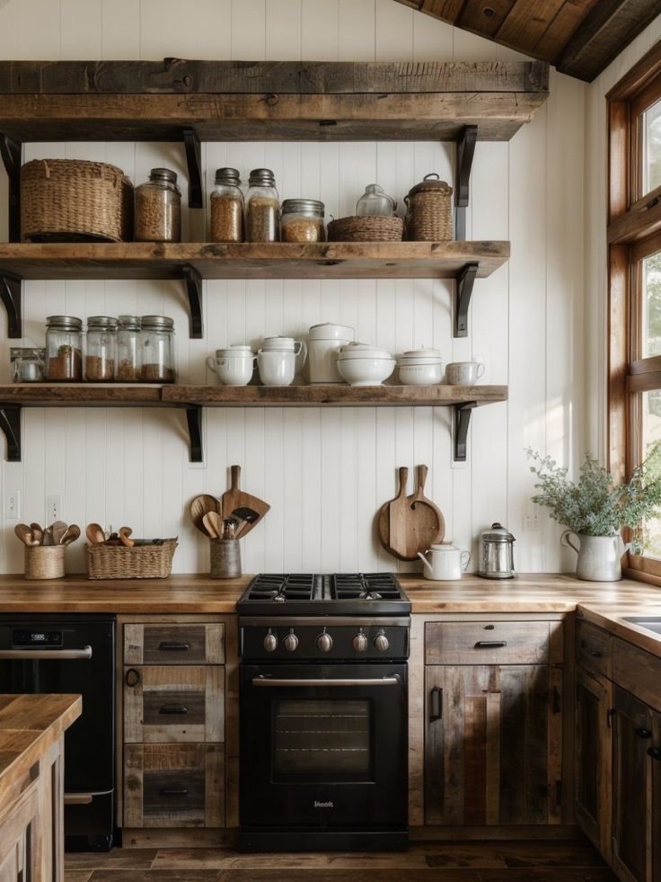 a kitchen with open shelving and wooden cabinets, wood flooring, and an oven