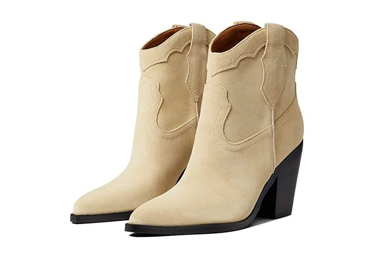 Marc Fisher LTD Gona - Women's Boots : Light Natural : Bring on an artistic flair to your western style wearing the Marc Fisher LTD Gona Boots. Sleek leather upper with eye-catching design on shaft. Man-made upper, lining, and insole. Easy pull-on style. Pointy toe. Block heel. Man-made outsole. Imported. Measurements: Heel Height: 3 1 4 in Weight: 1 lb 3 oz Circumference: 11 1 4 in Shaft: 7 1 4 in Product measurements were taken using size 9, width M. Please note that measurements may vary by s Summer Rodeo Boots With Snip Toe, Beige Western Boots With Square Toe, Leather Boots For Ranch In Summer, Leather Boots For Summer Ranch Activities, Trendy Leather Boots For Western-themed Events, Western Heeled Boots With Stacked Heel, Western Style Closed Toe Heeled Boots With Reinforced Heel, Summer Pointed Toe Boots With Leather Sole, Summer Boots With Leather Sole And Pointed Toe