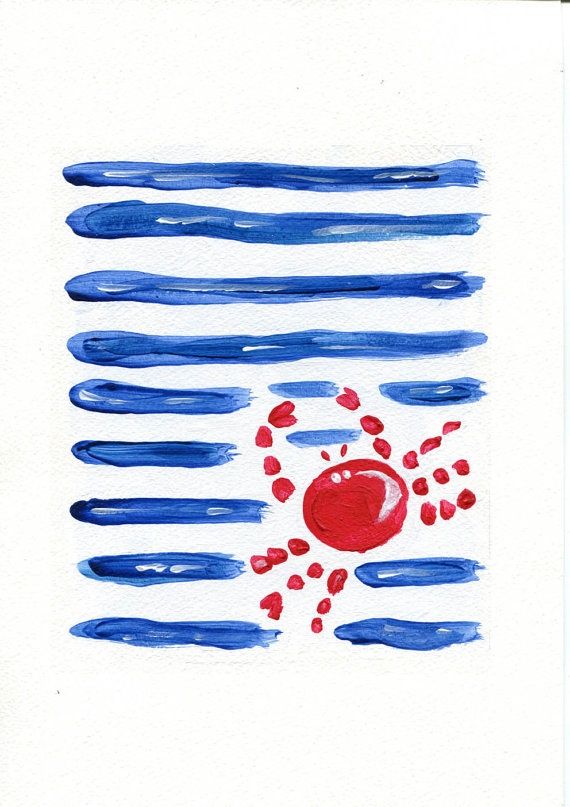 a painting with blue and red paint on it, in the shape of a flag