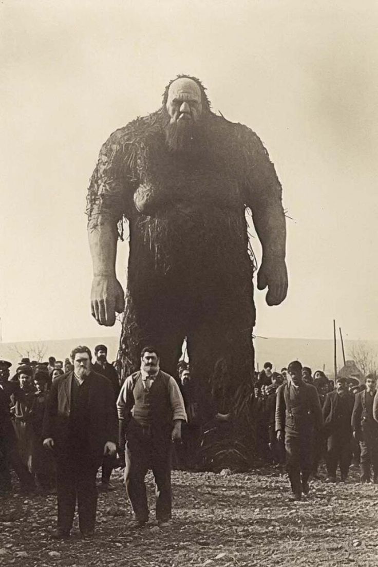 an old black and white photo of a giant man