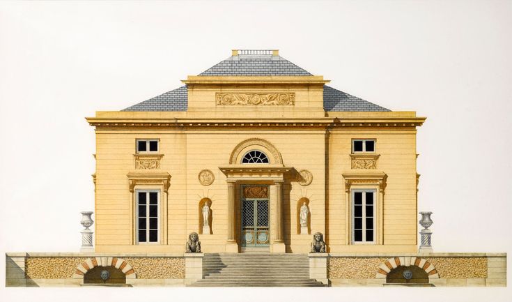 an architectural drawing of a yellow building with stairs leading up to the front door and windows