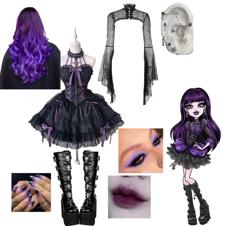 a collage of photos with purple hair and black clothes, including an image of a woman's face