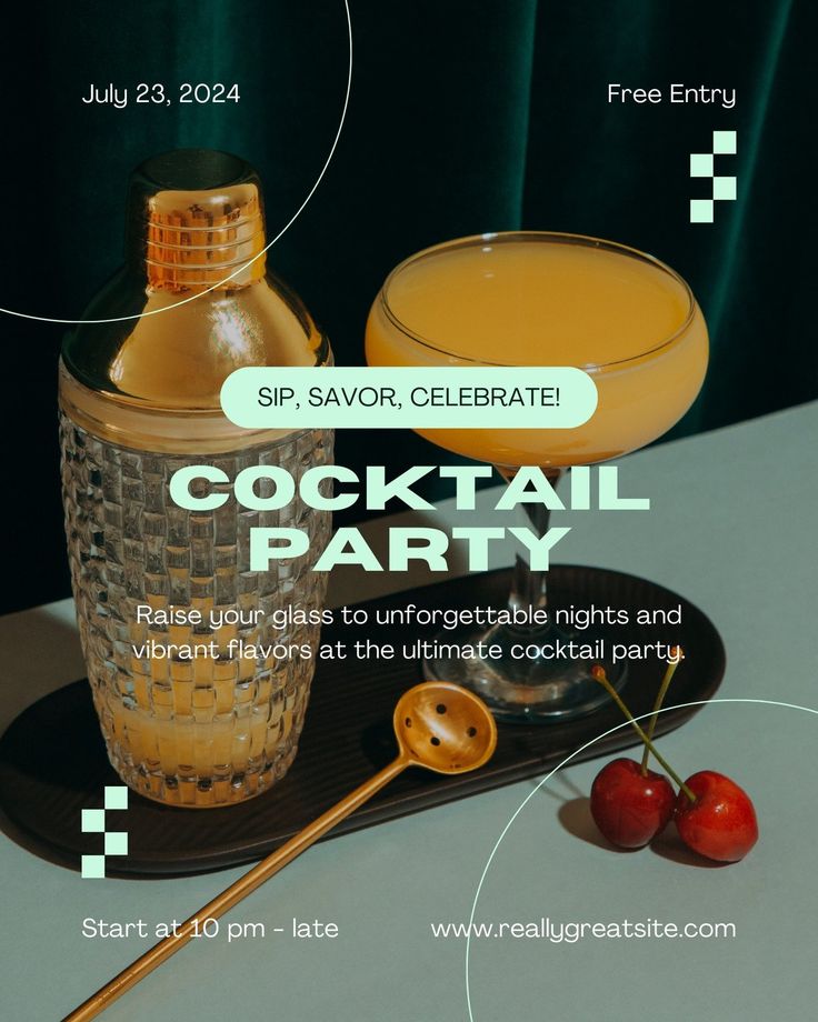 a cocktail party flyer is shown with drinks