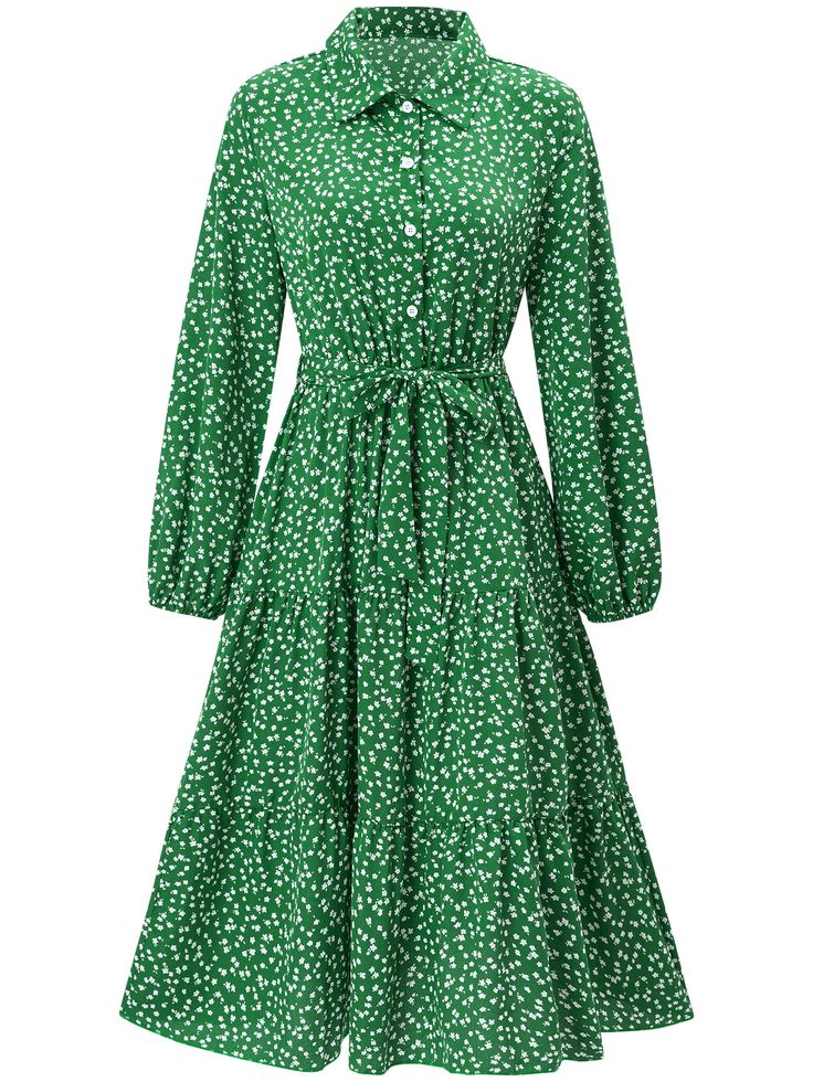 Printed Lace-Up Long-Sleeved Dress - Green,M Casual Green A-line Shirt Dress, Green Flowy Long Sleeve Midi Dress, Casual Green Long Sleeve Shirt Dress, Casual Green Long Sleeve Maxi Dress, Green Long Sleeve Shirt Dress For Fall, Green Fitted Long Sleeve Casual Dress, Fitted Casual Long Sleeve Dress For Spring, Fitted Long Sleeve Casual Dress For Spring, Flowy Long Sleeve Midi Dress In Casual Style