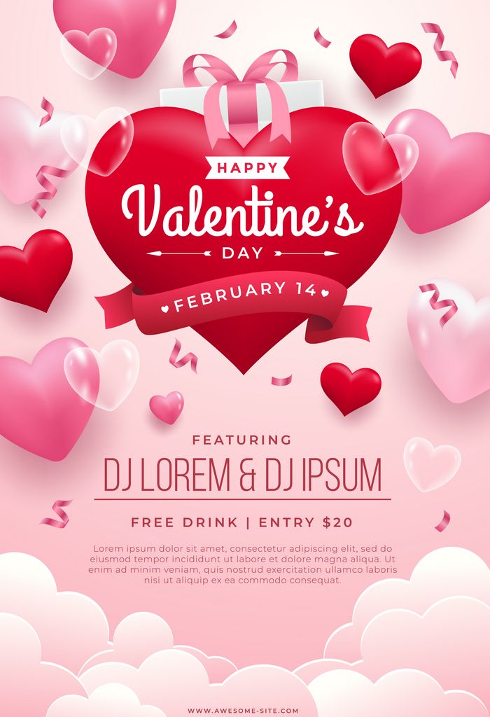 valentine's day party flyer with hearts flying in the air and clouds around it