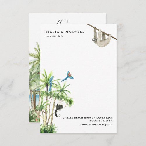 two wedding stationery cards with tropical animals