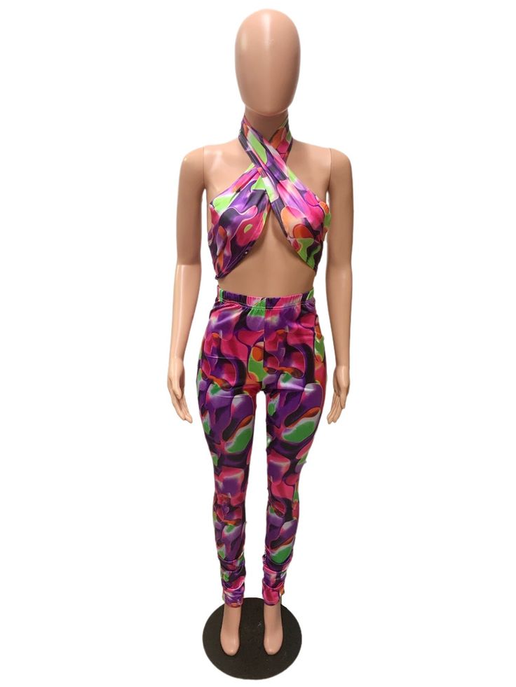 Sexy Women Summer Clothing Printed Halter Backless Crop Top Pants Party Clubwear Two Piece Set Flirty Stretch Halter Top For Party, Trendy Strapless Halter Top For Party, Stretch High Waist Strapless Jumpsuit For Party, Stretch Halter Neck Jumpsuit For Party, Fitted Strapless Jumpsuit For Party, Multicolor Halter Neck Jumpsuits And Rompers For Party, Spring Multicolor Halter Top For Party, Multicolor Spring Party Halter Top, Spring Party Multicolor Halter Top