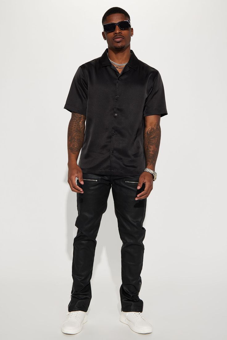 Model Height: 6'1 - Wearing Large Big & Tall: Height 6'5 - Wearing XXL Available In Black. Fold Down Collar Front Button Closure Short Sleeve 100% Polyester Imported | Mens Links Satin Short Sleeve Button Up Shirt in Black size 3XL by Fashion Nova Short Sleeve Buttoned Tops For Streetwear, Streetwear Short Sleeve Tops With Buttons, Short Sleeve Tops With Buttons For Streetwear, Collared Shirt With Button Closure For Streetwear, Black T-shirt With Button Closure For Spring, Black Button Closure T-shirt For Spring, Black Spring T-shirt With Button Closure, Spring Black T-shirt With Button Closure, Fitted Button-up Streetwear Shirt