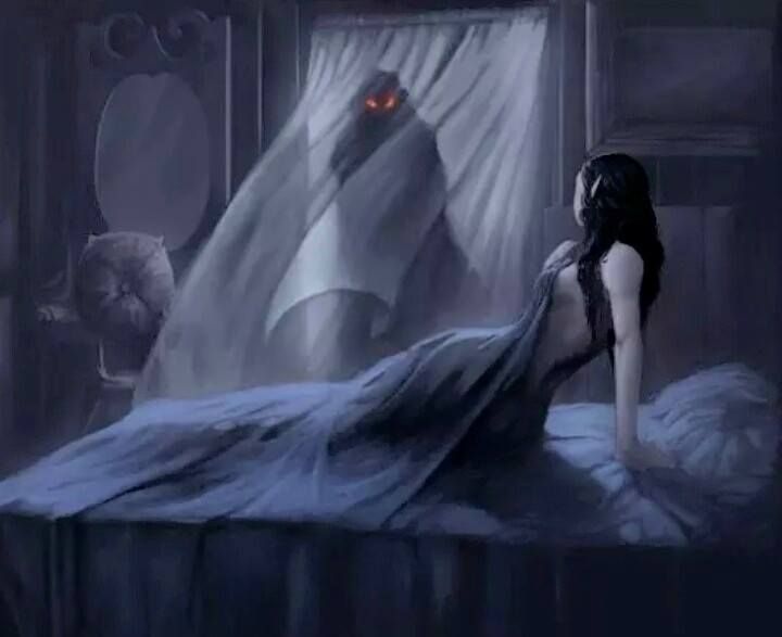 a woman sitting on top of a bed in front of a demonic looking monster next to a window