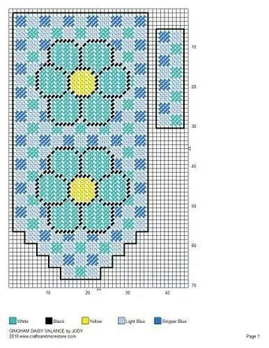 a cross stitch pattern with blue and yellow flowers on the center, in two rows