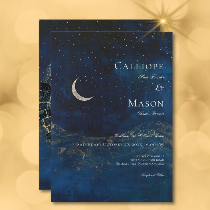 a blue wedding card with the moon and stars above it, on a gold background