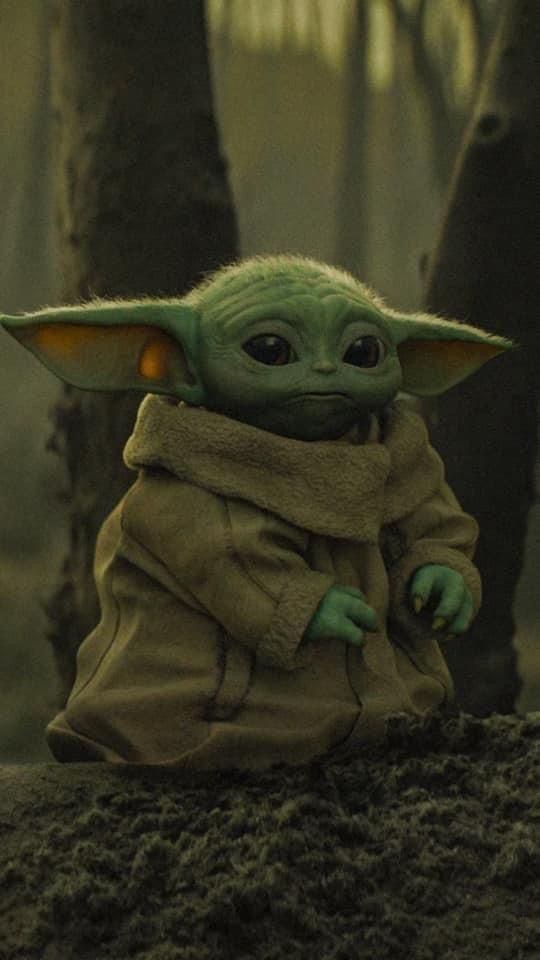 the child yoda from star wars is sitting on top of some dirt in front of trees