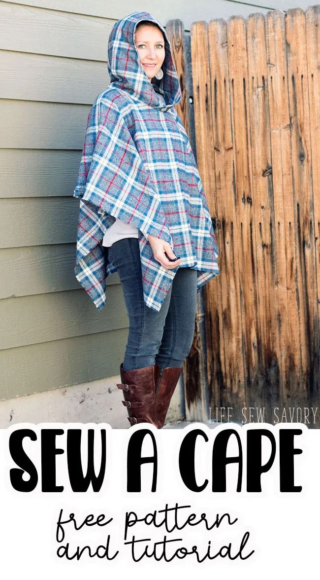 a woman standing in front of a fence wearing a ponchy cape with the text sew a cape free pattern and video