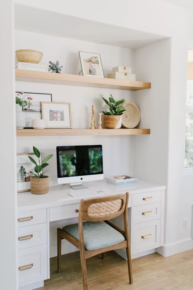 a desk with a computer on top of it