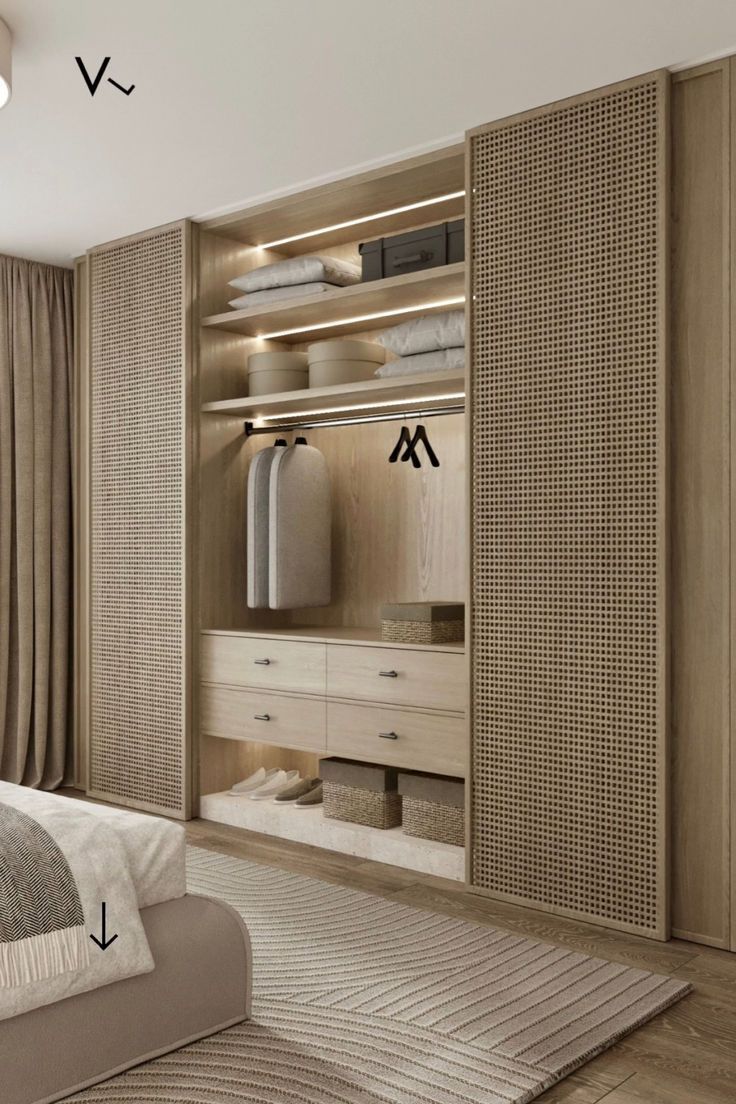 a bedroom with an open closet and bed