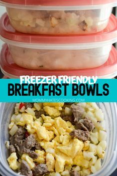 freezer friendly breakfast bowls with meat and vegetables in them