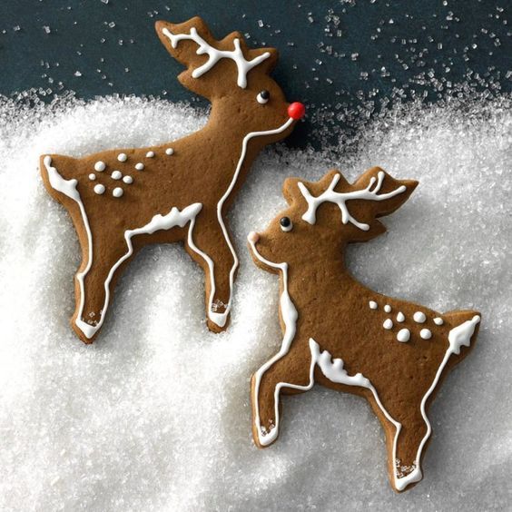 two decorated reindeer cookies sitting on top of snow