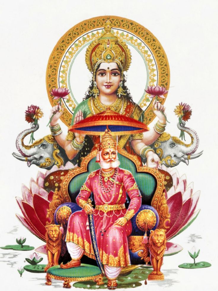 the hindu god sitting on a throne surrounded by animals and flowers, with an elephant in the background