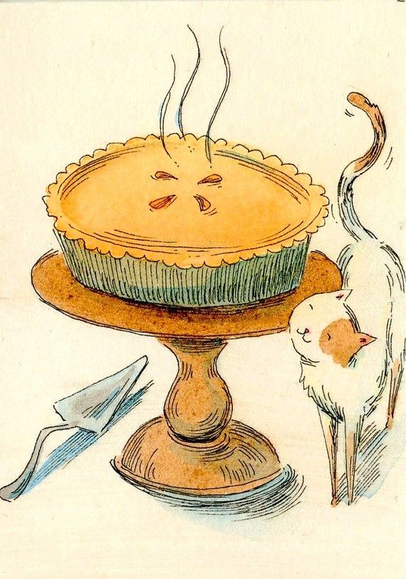 a drawing of a pie on top of a cake plate next to a cat and utensils