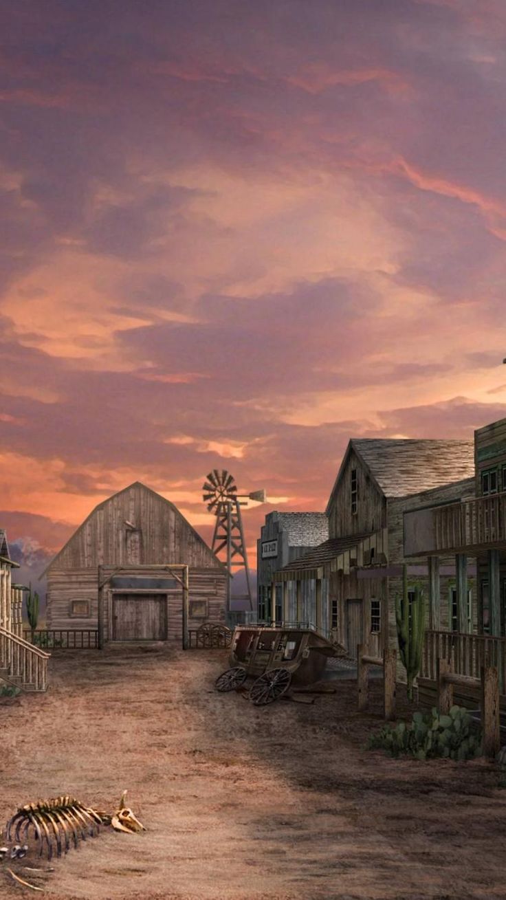 a painting of an old western town at sunset