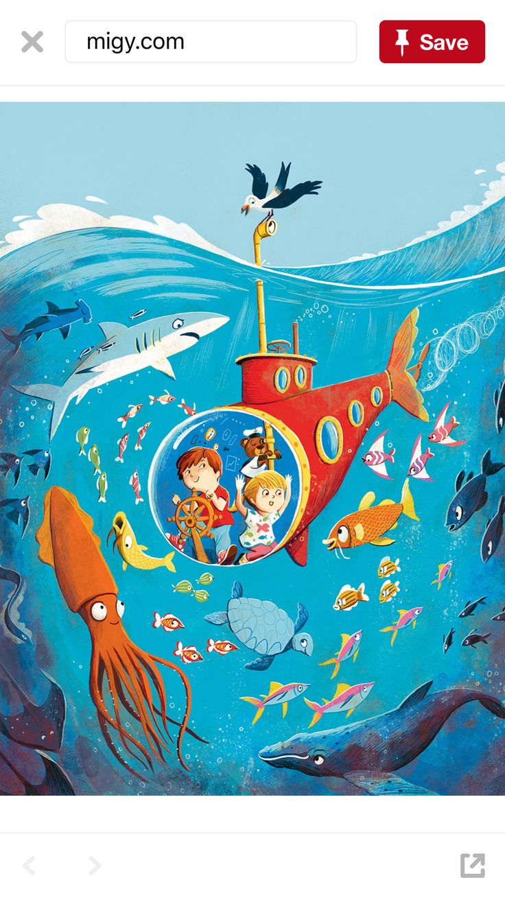 an underwater scene with children in a submarine surrounded by fish and other marine creatures, including seagulls