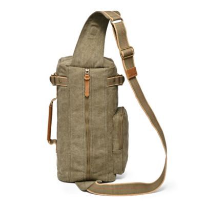 The TSD Brand Hill Side Canvas Sling Bag is a versatile and eco-friendly accessory designed for dynamic urban escapades and spontaneous adventures. This bag seamlessly combines functionality and style as both a backpack and a belt bag. Constructed from durable materials with a commitment to sustainability, it features 100% genuine leather accents and 100% recycled hardware. The bag's streamlined silhouette and practical design make it an essential companion for the fashionable and environmentall Khaki Travel Chest Backpack, Khaki Rectangular Chest Bag For Travel, Khaki Bag With Adjustable Strap For Outdoor Activities, Casual Outdoor Satchel Chest Bag, Khaki Crossbody Chest Bag For Travel, Crossbody Backpack With Zipper For Outdoor Activities, Canvas Shoulder Chest Bag For Travel, Crossbody Backpack With Zipper Closure For Outdoor, Canvas Chest Shoulder Bag For Travel