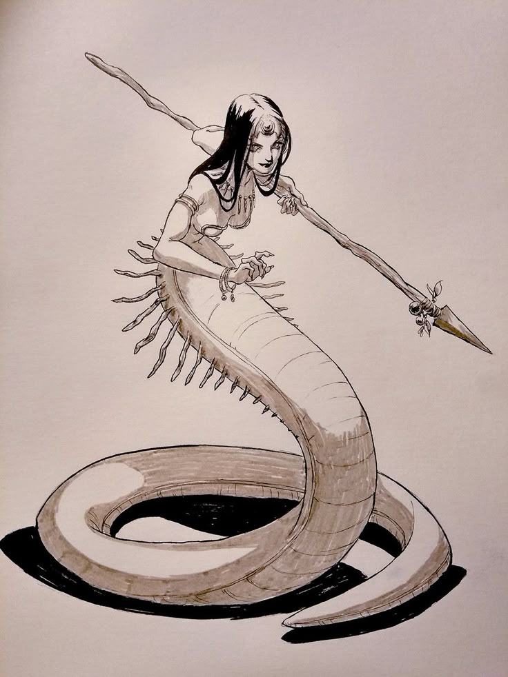 a drawing of a woman holding a knife in her hand while standing on top of a giant snake