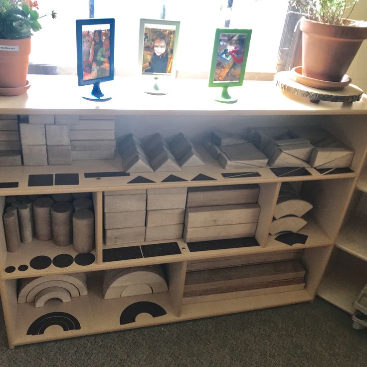 a shelf filled with boxes and pictures next to potted plants on top of a carpeted floor