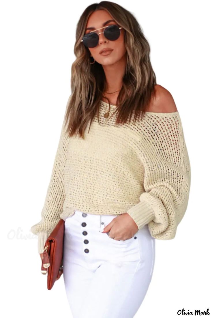 Olivia Mark - Jersey de punto calado albaricoque Casual Beige Acrylic Sweater, Casual Cropped Chunky Knit Sweater, Casual White Cropped Sweater For Fall, Beige Long Sleeve Cropped Sweater, Beige Long Sleeve Cropped Sweater Casual, Casual Beige Cropped Long Sleeve Sweater, Casual Beige Long Sleeve Cropped Sweater, Casual Beige Acrylic Tops, Casual Beige Cropped Sweater With Soft Knit